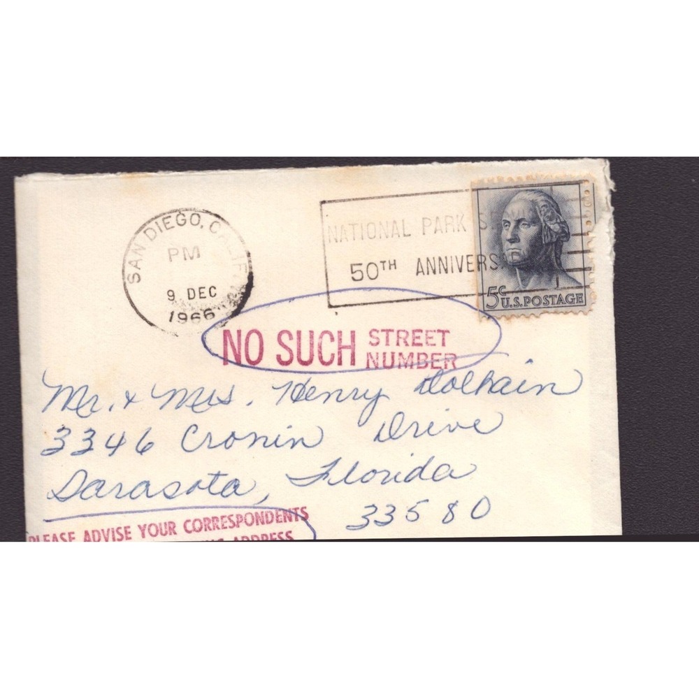 1966 Auxiliary Marking Cover San Diego CA No Such Street Number NPS 50th - Picture 1 of 2